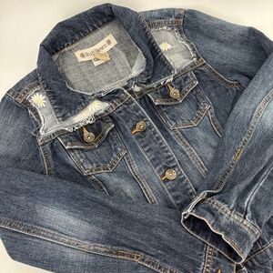 RuffHewn Denim Jacket Kids Sz 12 Blue Daisy Embroidered Mesh Inset Boho Cottage
